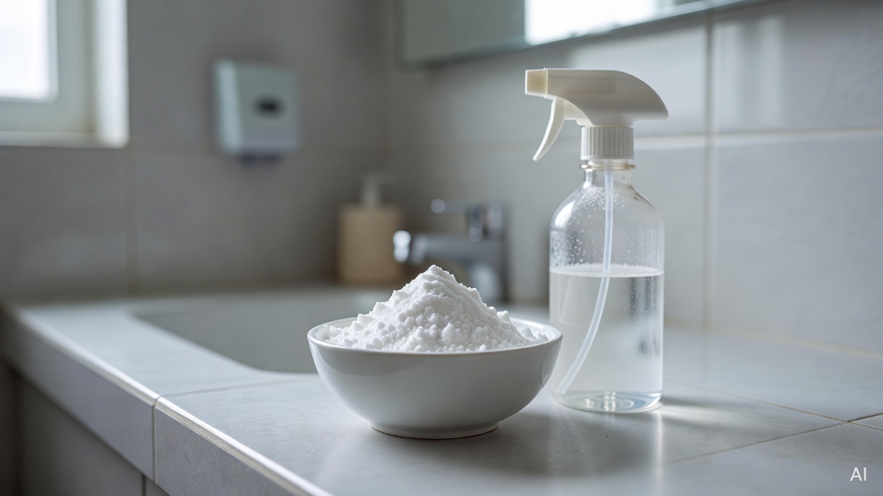 white baking soda powder in a small bowl next to a spray bottle on a tiled bathroom counter