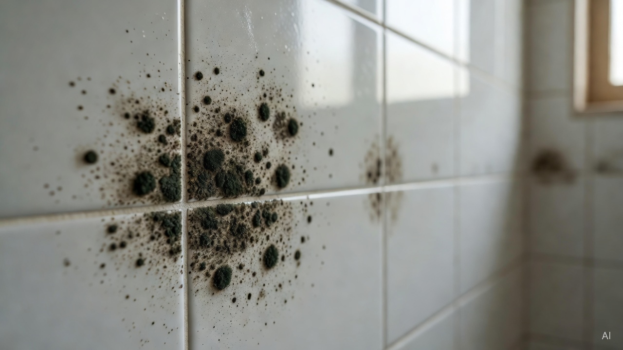 close-up of black mold spots on white bathroom tile grout before cleaning