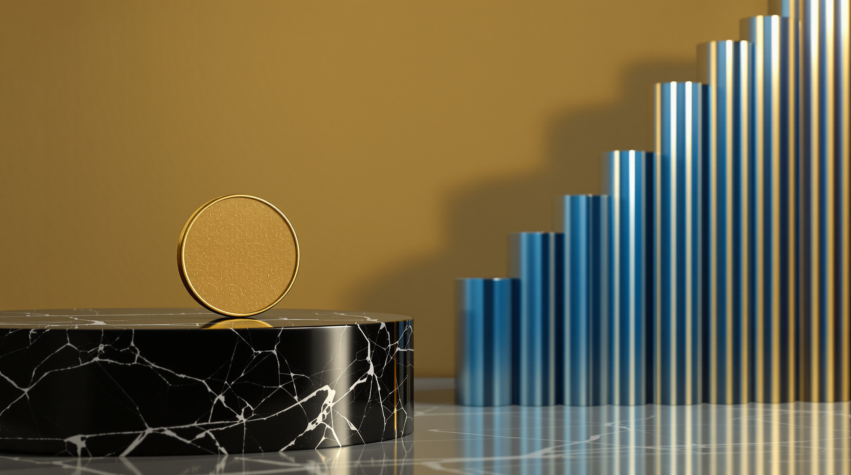 a sculptural, logo-free burnished gold token balanced on the edge of a polished black marble plinth, with a staggered row of minimalist silver-blue ba — editorial cover artwork for the Knightron story on Bitcoin Slips 1.1% To $81,890 As ETF Inflows Slow; Tech Sell