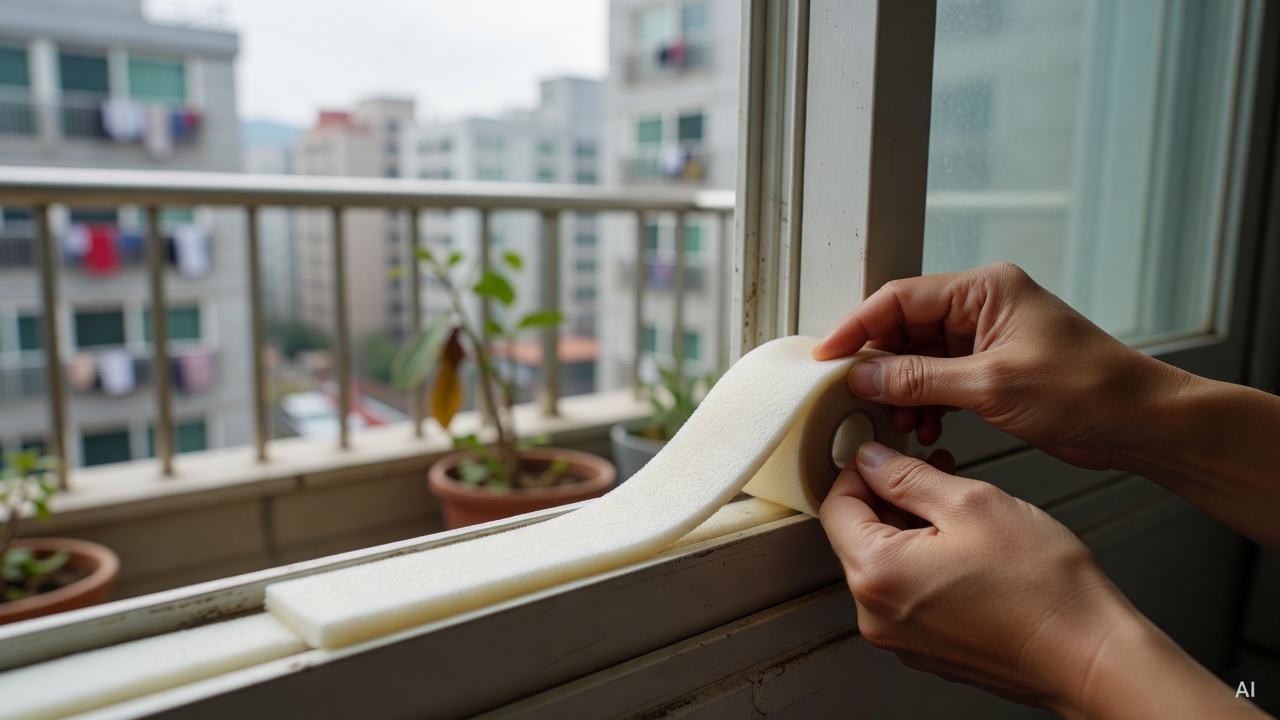 close-up of foam insulation tape being applied to a window frame on an apartment balcony