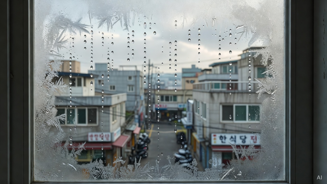 condensation water droplets forming on a cold apartment window with a frost pattern, interior view