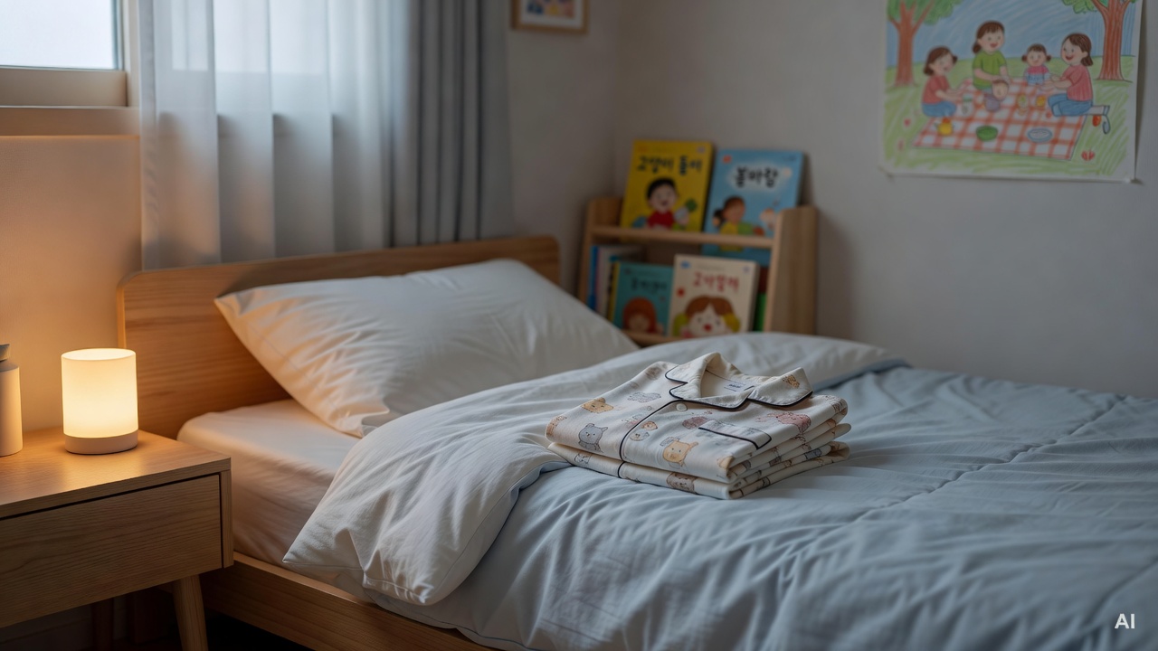 a child's bedroom at night with a small nightlight on the bedside table and neatly folded pajamas on the bed