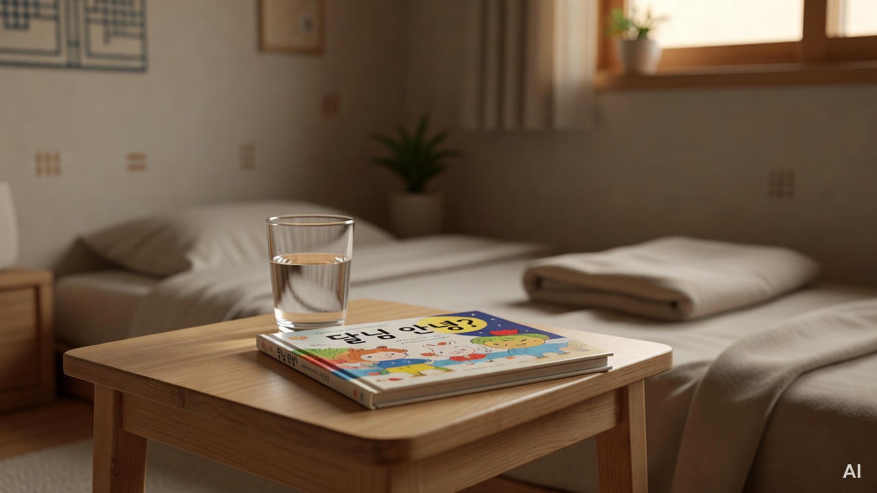 a small bedside table with a glass of water and a child's storybook under warm indoor lighting