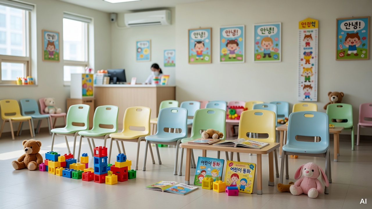 children's hospital pediatric clinic waiting room with small chairs and colorful toys