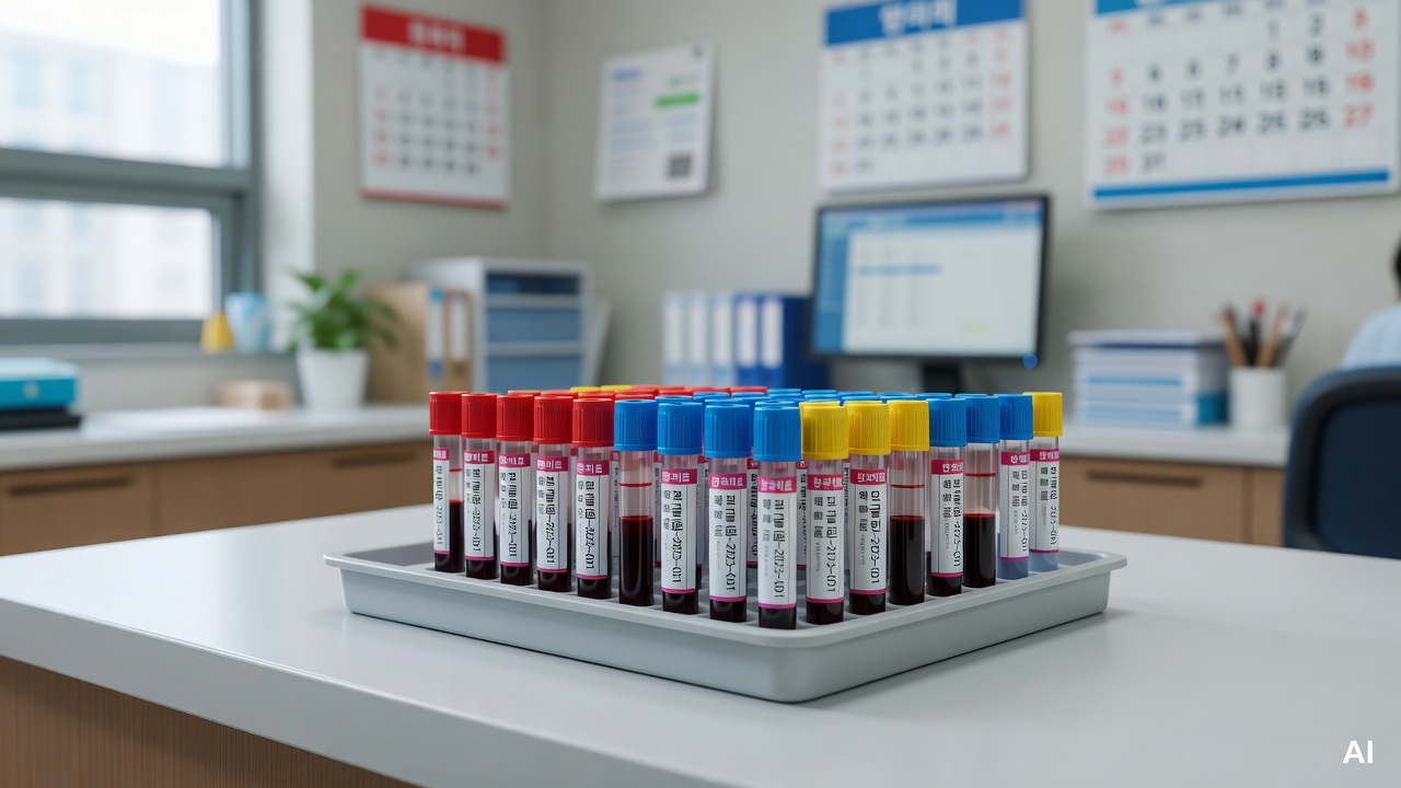 medical blood test tubes lined up on a clinic tray