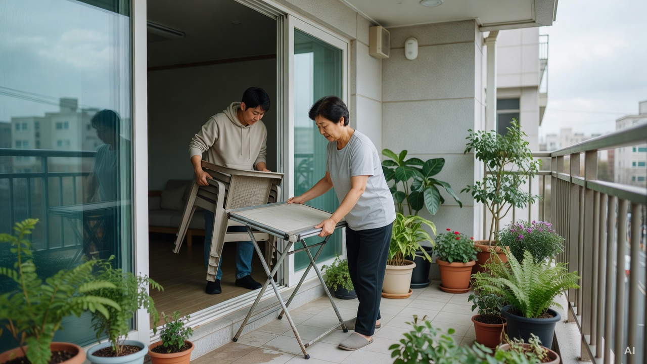 balcony with potted plants and outdoor furniture being moved inside through a sliding glass door