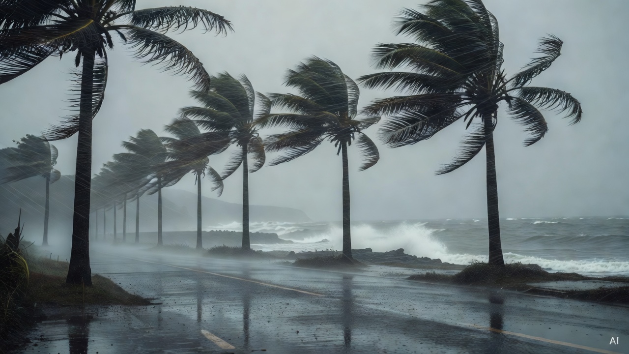 outdoor scene showing strong wind and heavy rain near a coastal road with palm trees bending