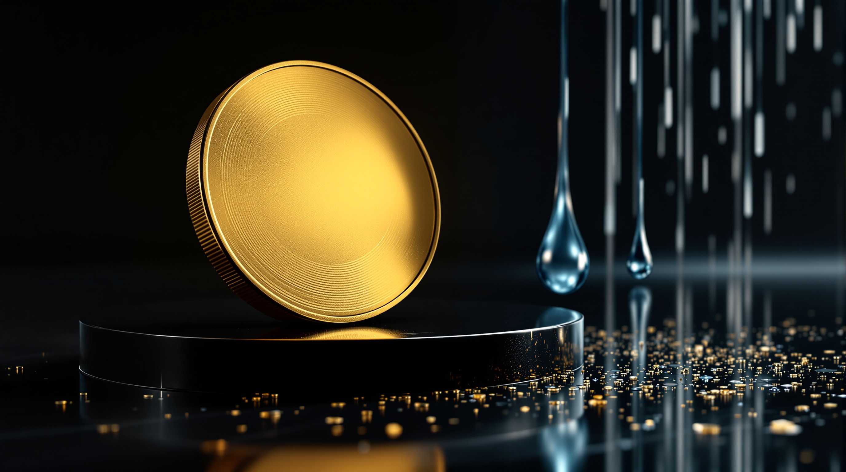 a single unmarked polished gold disc (coin-like) partly sliding off a glossy black platform — editorial cover artwork for the Knightron story on Bitcoin Slips 1.4% To $80,768 As ETFs Post $636M Outflows