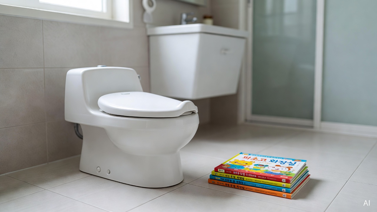 small white potty training toilet on bathroom tile floor with colorful picture books nearby