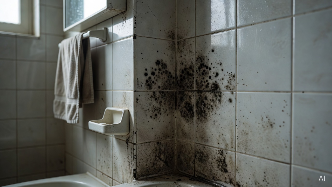 moldy wall corner in a residential bathroom with visible black mold patches