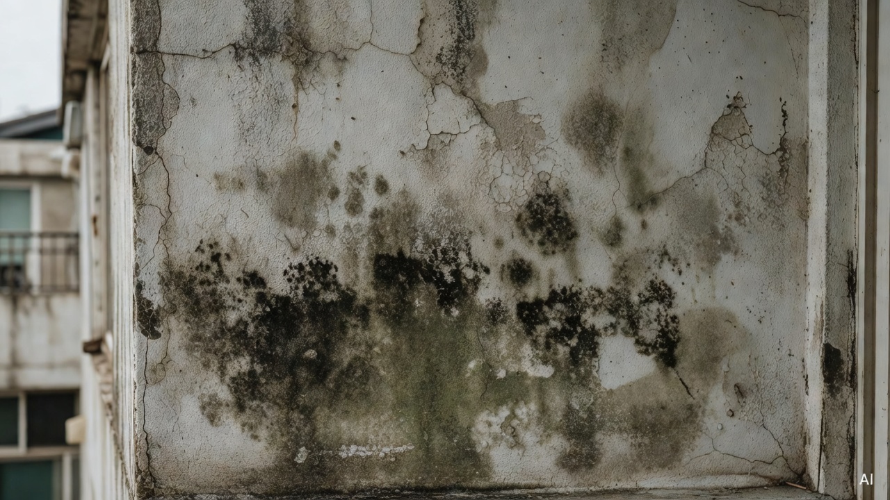 close-up of a balcony wall surface with moisture damage and mold stains