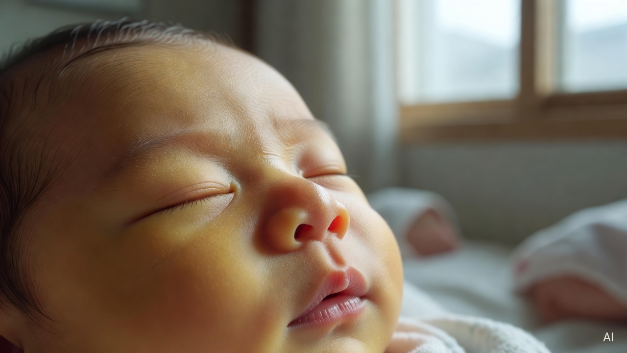 close-up of a newborn's face with slightly yellow skin tone, natural light from window