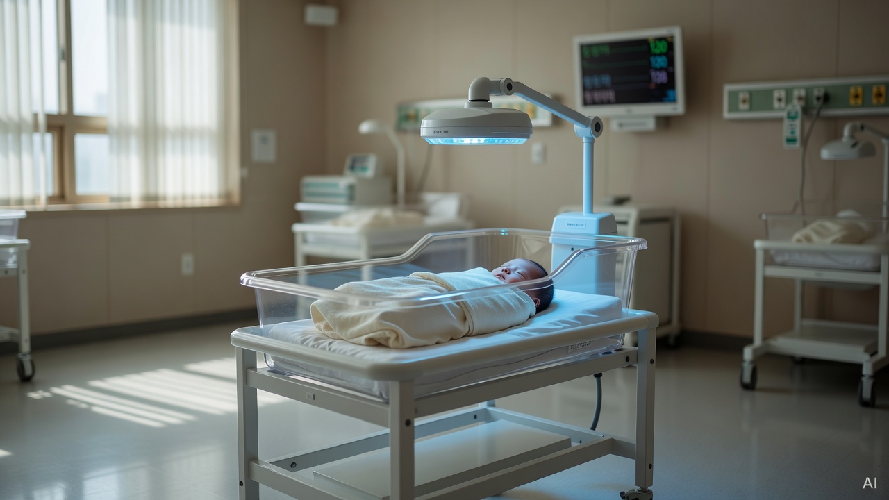 small hospital bassinet with phototherapy blue light lamp above it in a newborn ward
