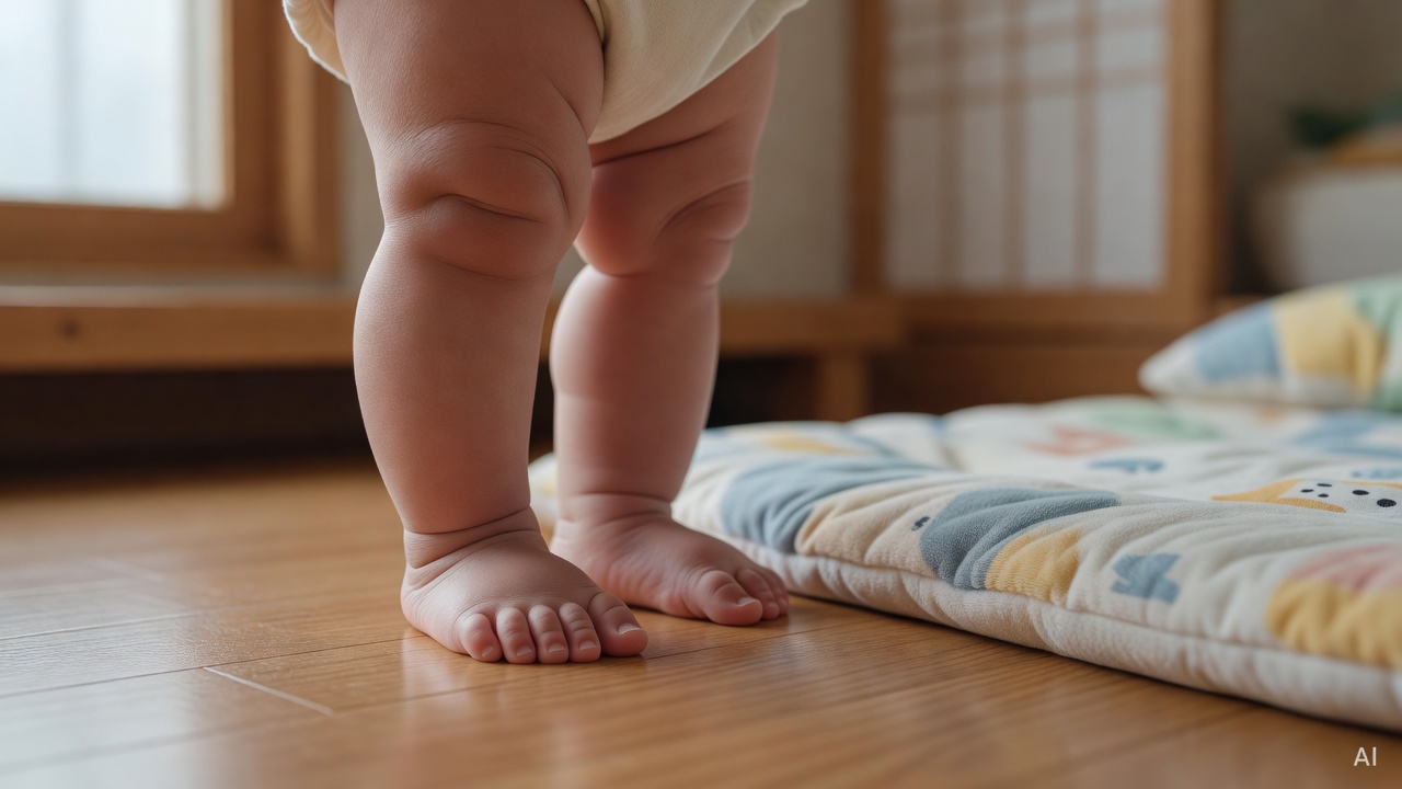 close-up of baby's bare feet standing on wooden floor next to a soft play mat