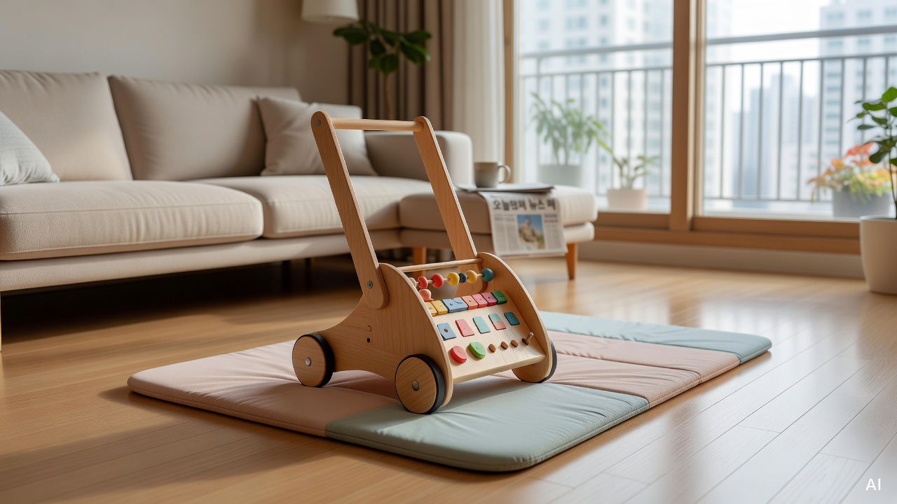 baby wooden push walker toy on a bright living room floor with soft play mat