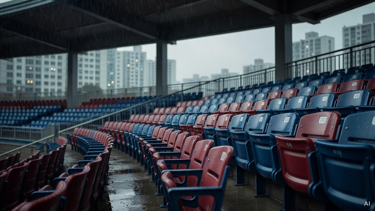 baseball stadium seats with rain visible in the background, no crowd