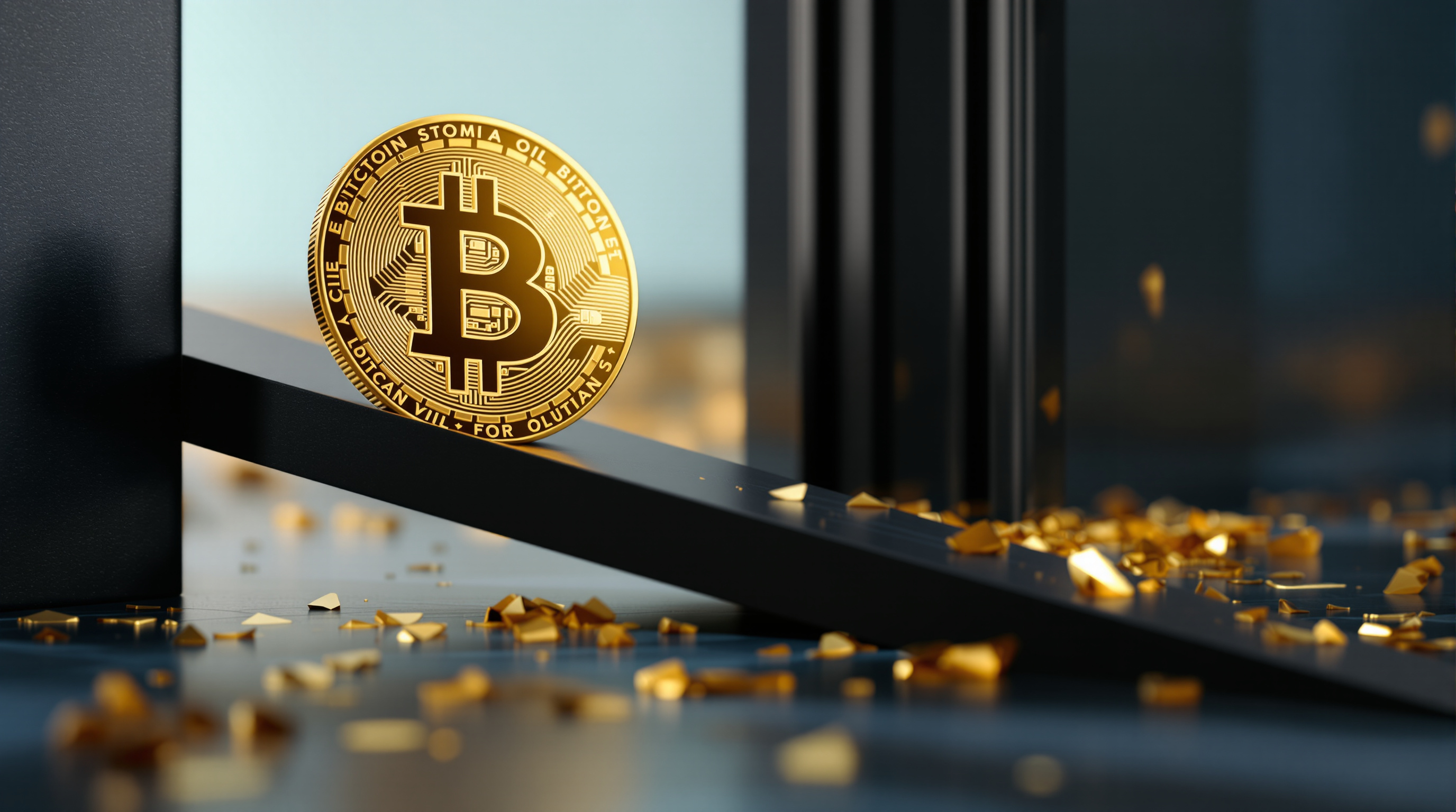a polished gold disc (no logos or letters) with an abstract engraved circuit texture, a rising glossy black oil column, a handful of small fallen gold — editorial cover artwork for the Knightron story on Bitcoin Holds $80,600 As $404M In Longs Liquidate; Oil Surge