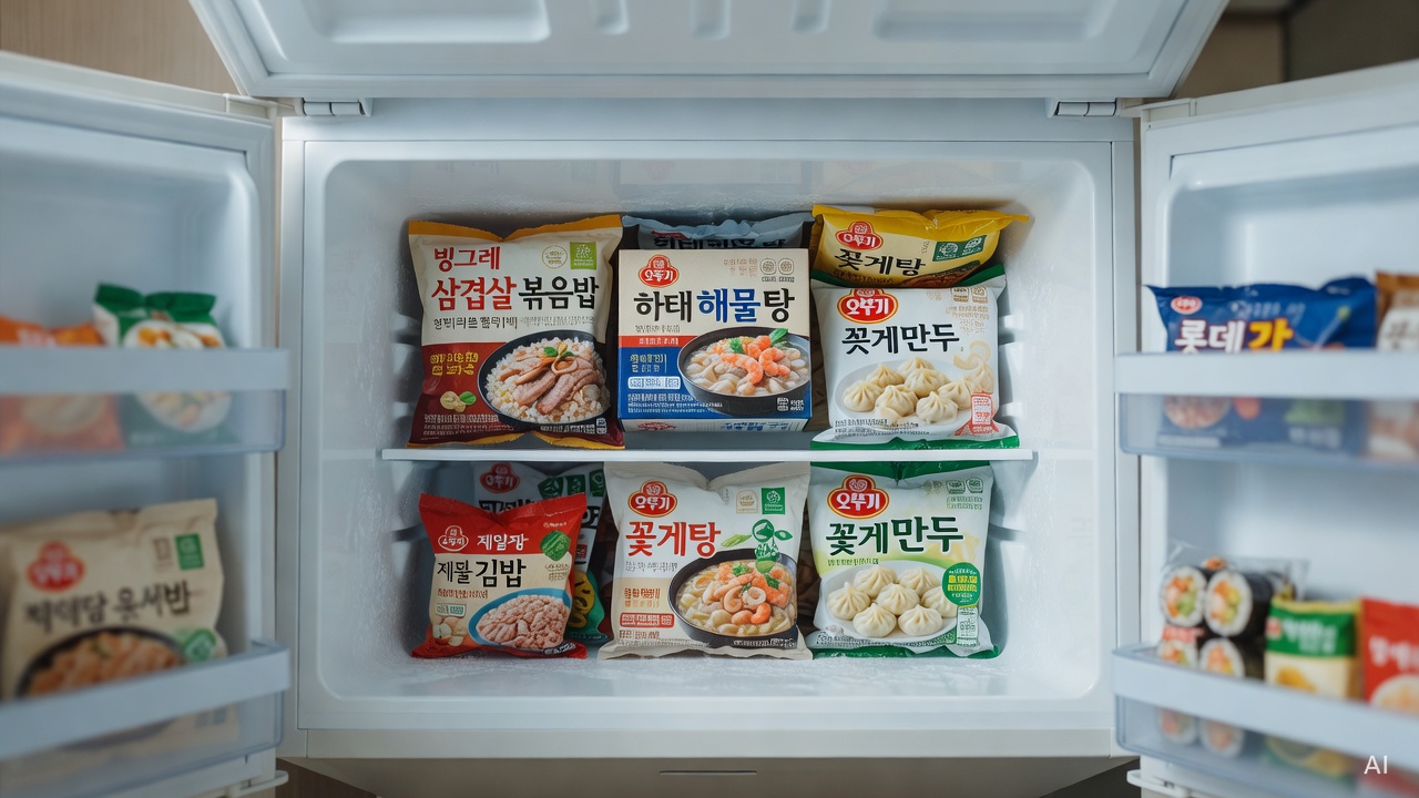 various frozen food packages inside a home freezer, top view