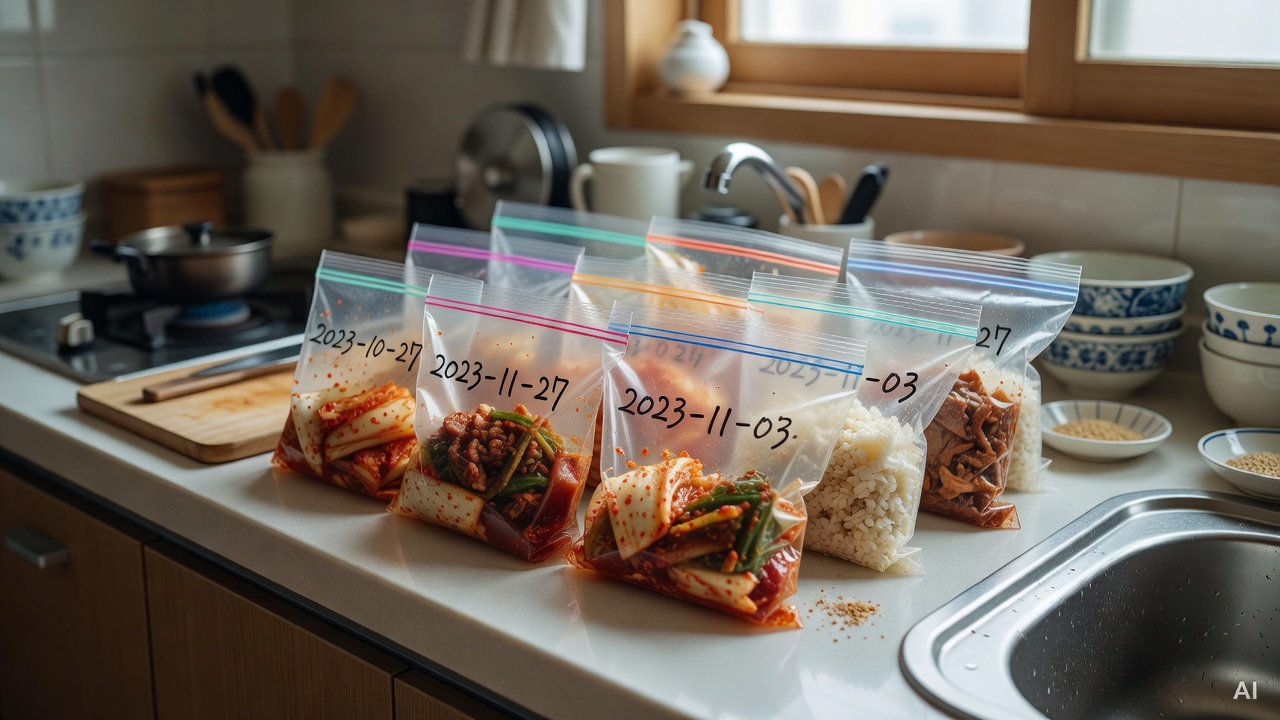 labeled zip-lock bags with dates written on them, placed on a kitchen counter