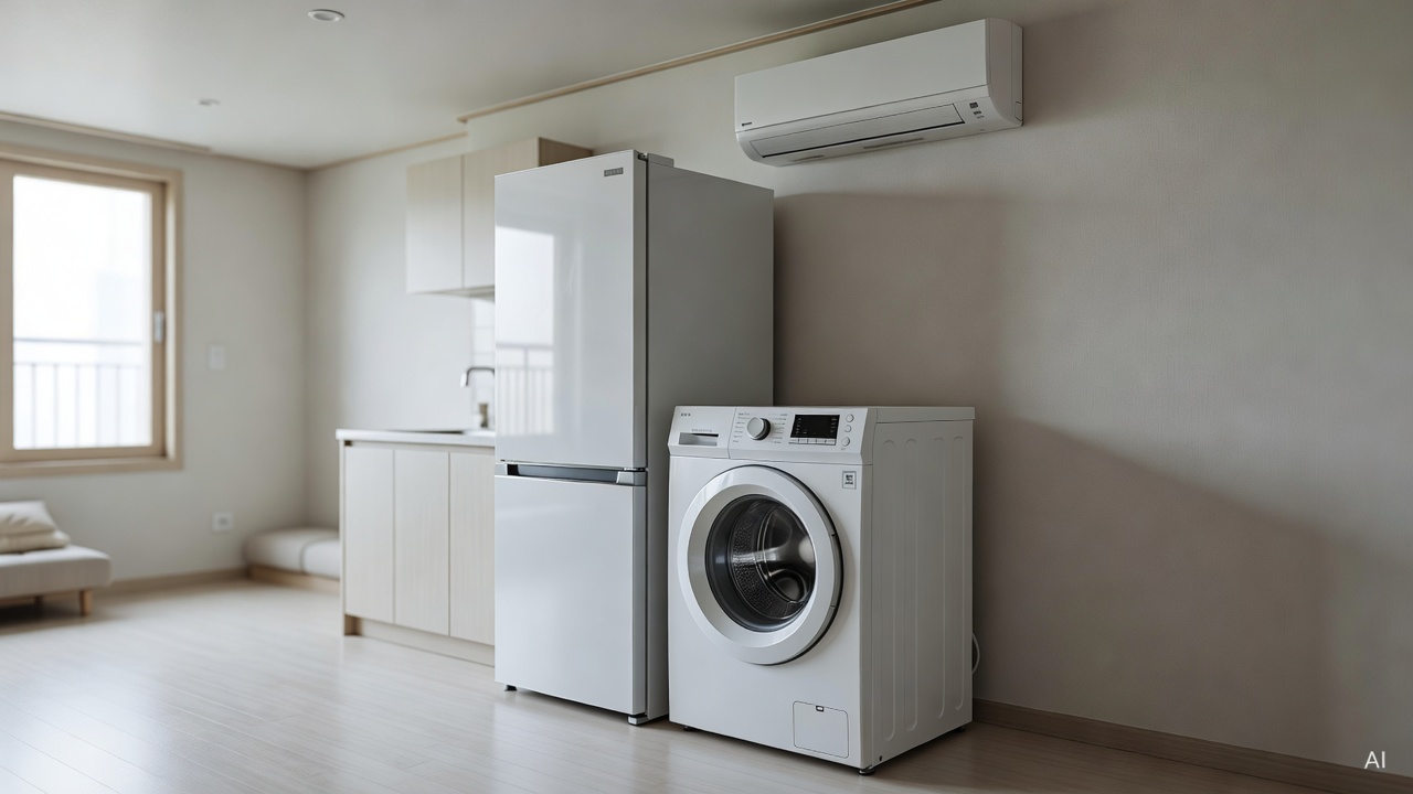 home appliances including a refrigerator, washing machine, and air conditioner arranged in a clean apartment interior