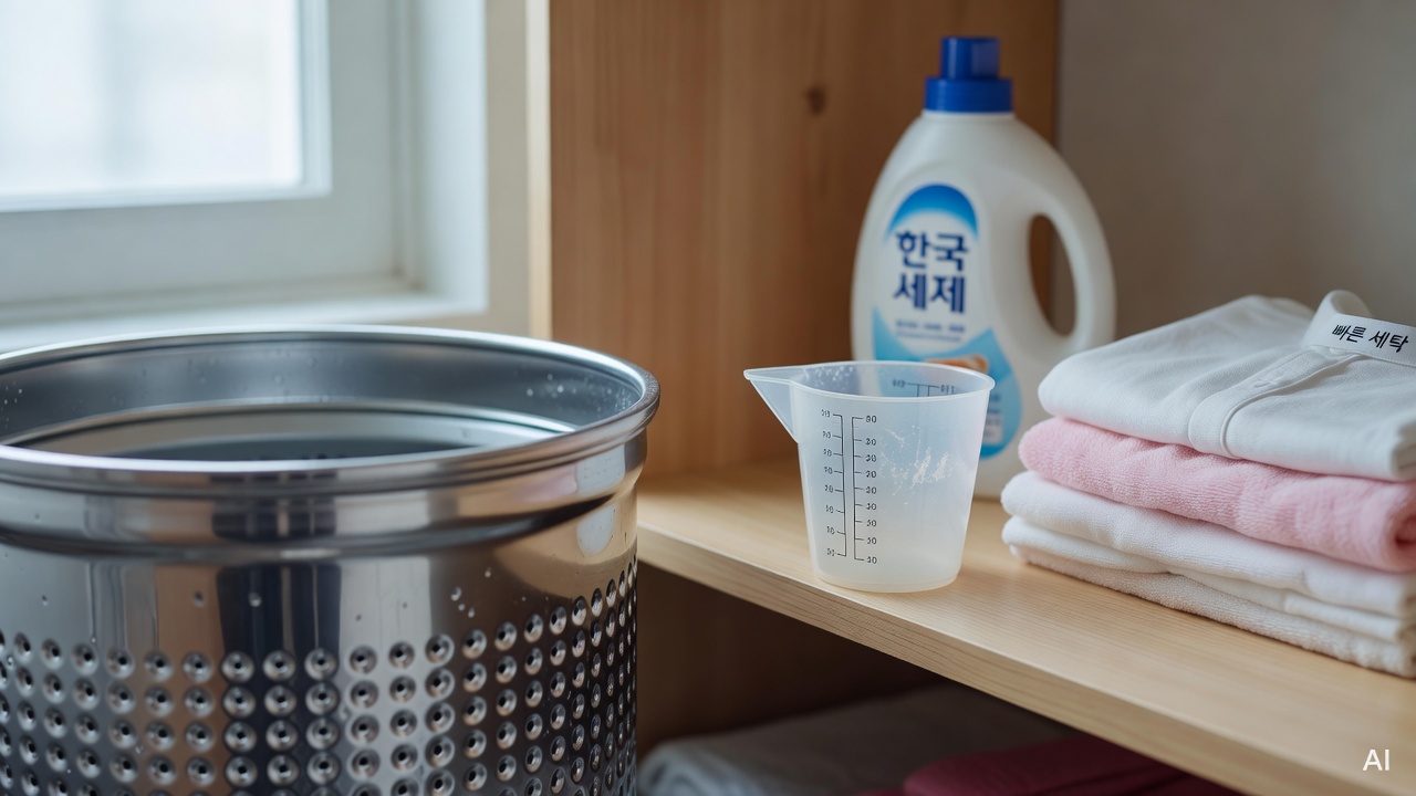 washing machine drum interior and detergent measuring cup on a laundry room shelf