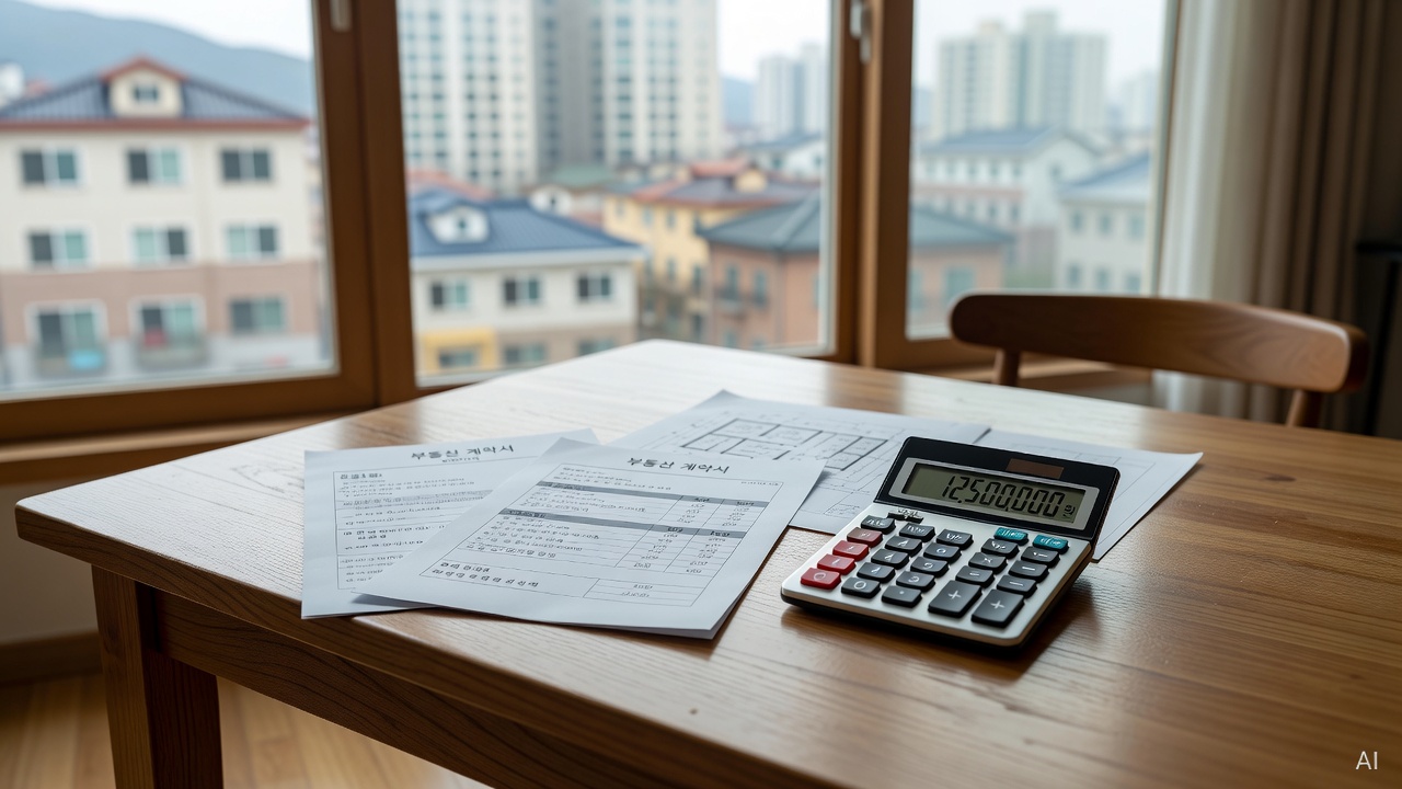 real estate documents and calculator placed on a wooden table