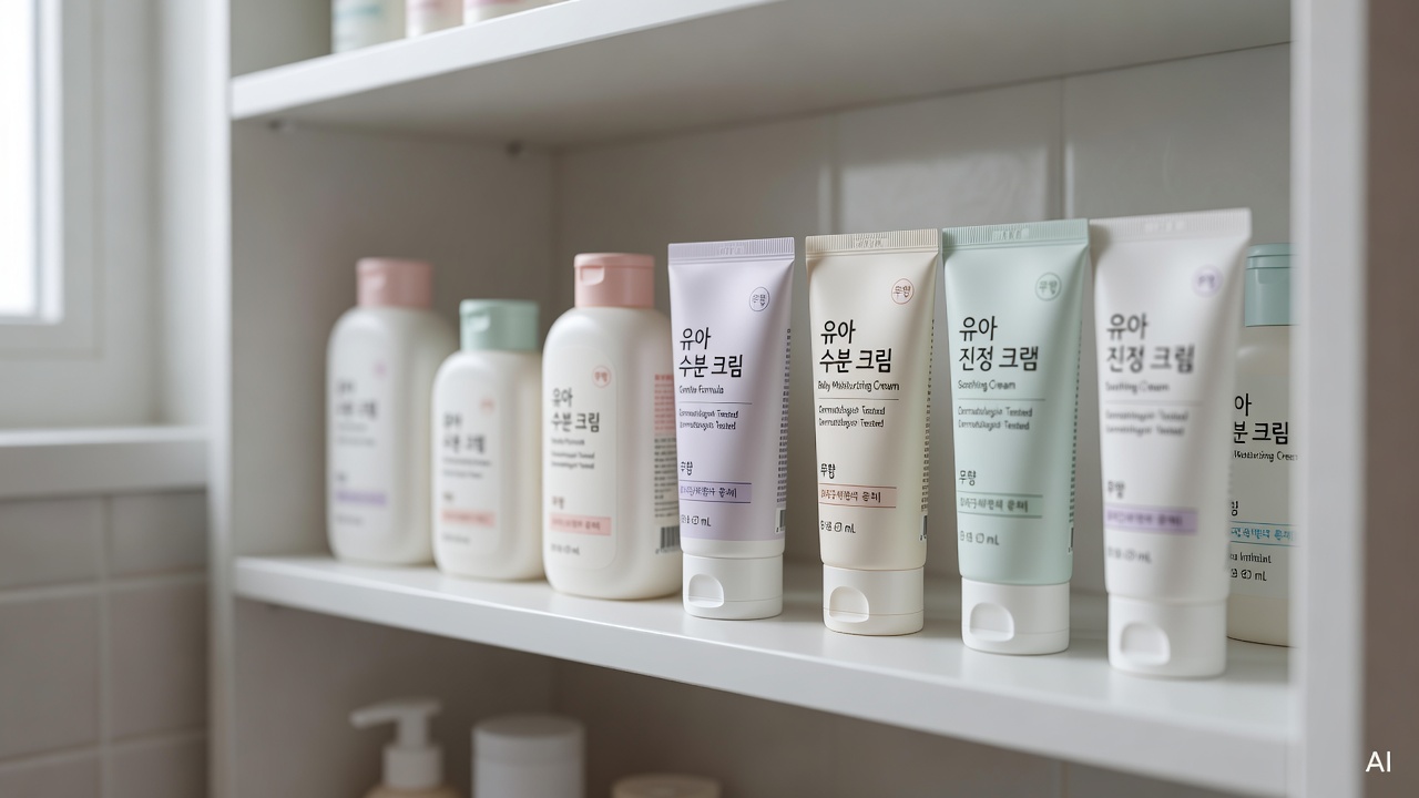 close-up of baby skincare product labels on a white bathroom shelf