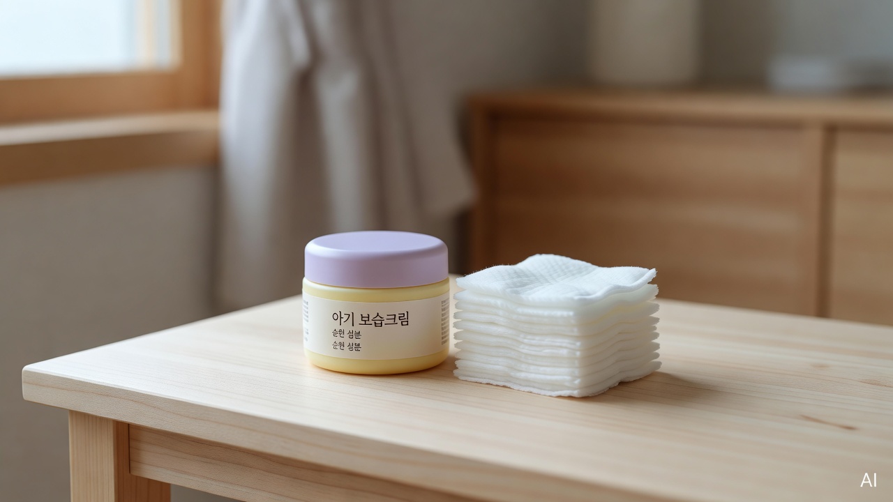baby moisturizer cream jar and cotton pads arranged on a light-colored wooden surface