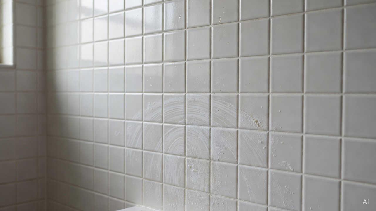 bathroom tile wall with grout lines and soap scum buildup, close-up view
