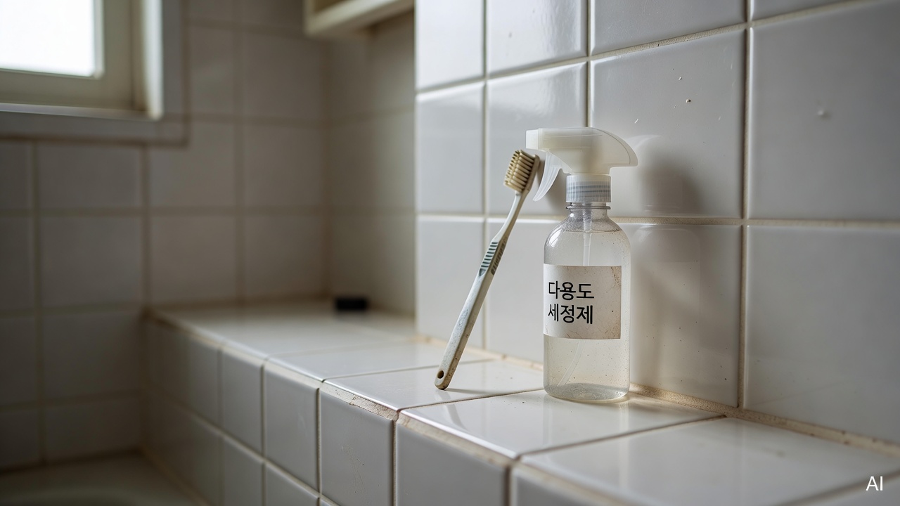 spray bottle and old toothbrush placed next to bathroom tile grout lines