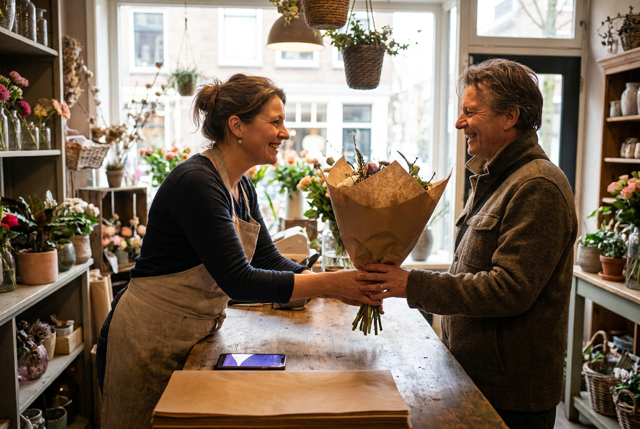 Bloemiste geeft lachend een boeket aan een tevreden klant in haar winkel, een smartphone ligt op de toonbank