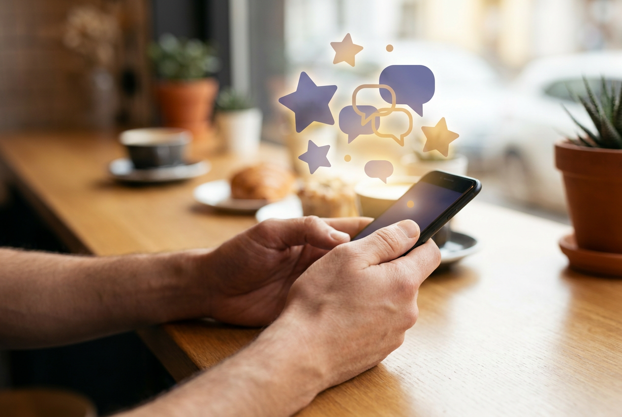 Handen houden een smartphone vast met zwevende sterren en spraakballonnen die online reviews en klantbeoordelingen verbeelden