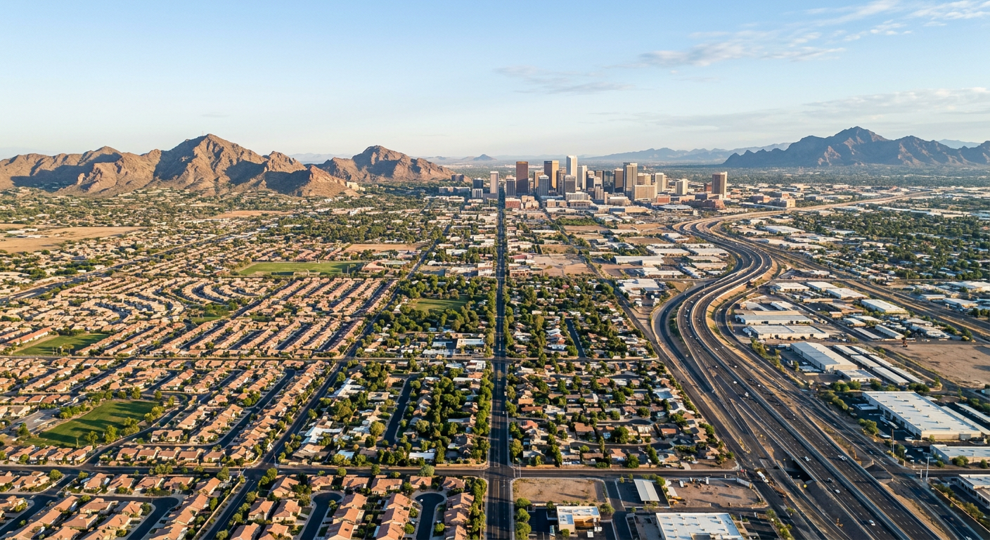 Moving to Phoenix From California: Costs, Commutes, and Areas Photorealistic aerial view of Greater Phoenix neighborhoods at sunrise, showing downtown towers, tree-lined central street...