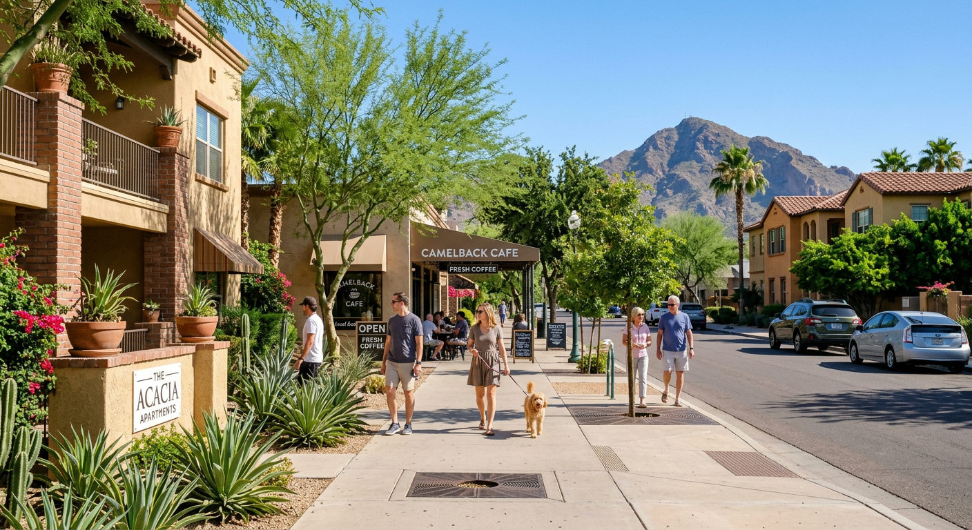 Photorealistic street-level scene in a well-kept Phoenix neighborhood near a small multifamily building, showing residents...
