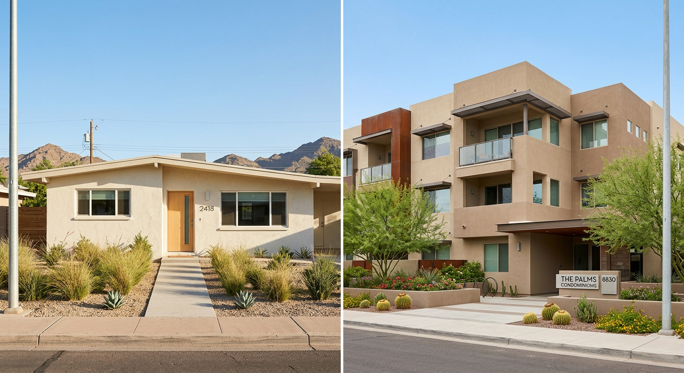 Phoenix vs Scottsdale Real Estate Investment: Choose Wisely! Photorealistic street-level comparison of a renovated mid-century Phoenix rental home and a modern Scottsdale desert condo...