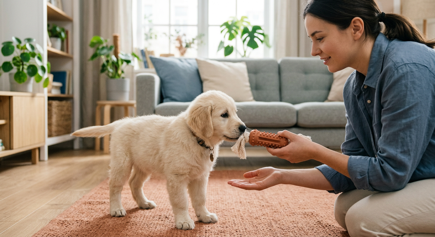 Warm, modern illustration of a young puppy choosing between a hand and a textured chew toy, with the owner calmly presenti...