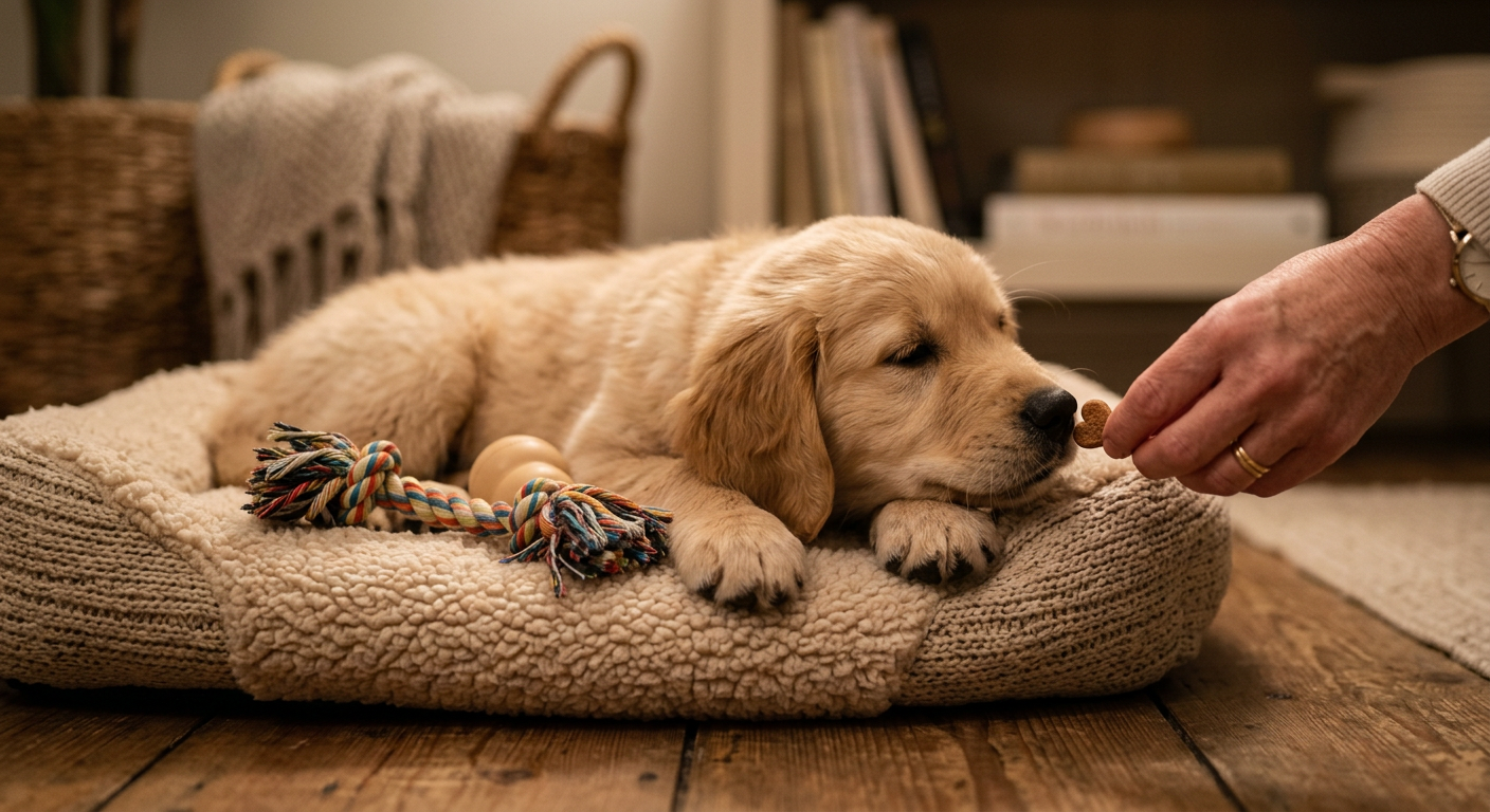 Photorealistic close-up of a puppy resting calmly on a small bed with a safe chew toy, while an owner rewards relaxed beha...