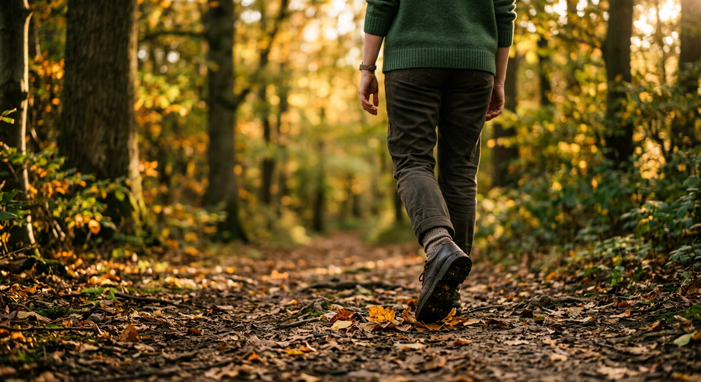 Photorealistic close-up of a person walking slowly along a quiet tree-lined path at sunset, attention focused on their foo...