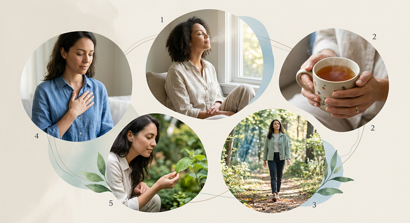 Clean editorial illustration of five small moments of mindfulness arranged in a gentle circular composition, including slo...