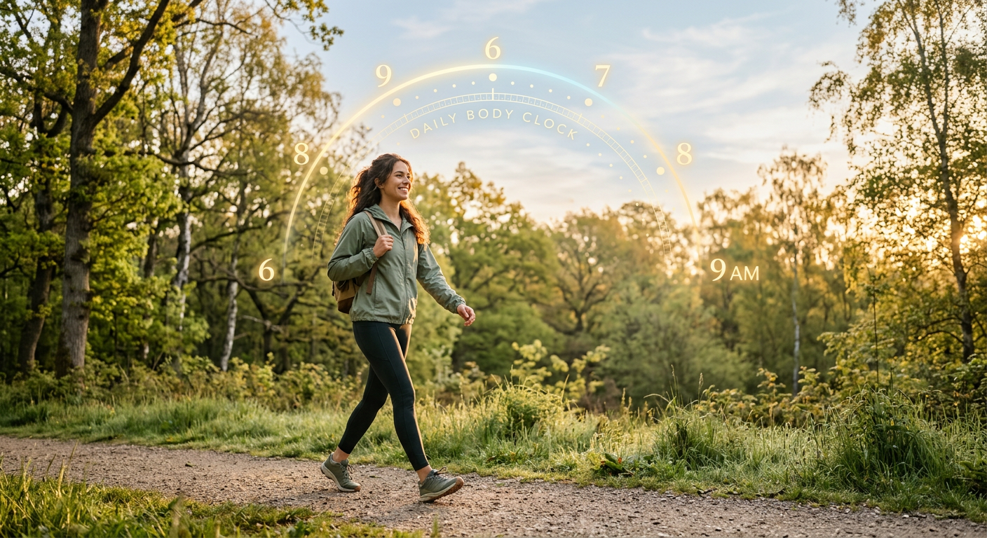 Modern editorial illustration of a person walking outdoors in early morning sunlight while a subtle glowing arc suggests a...