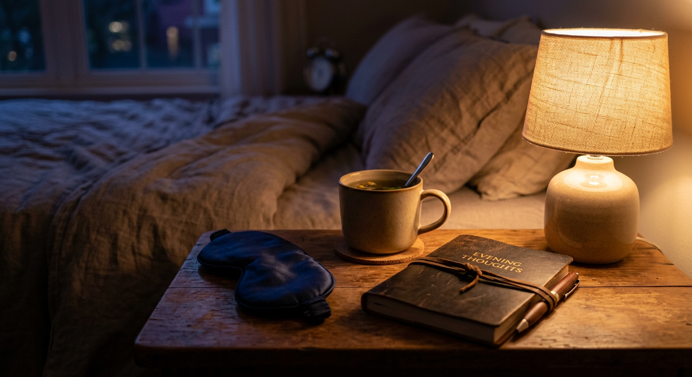Close-up photorealistic still life of a bedside table with a closed journal, warm herbal tea, soft lamp, and folded sleep ...