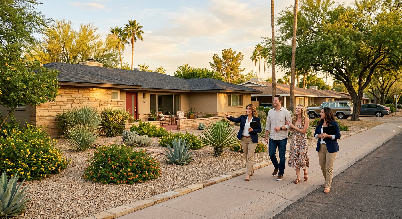 Photorealistic late-afternoon scene in Park Scottsdale showing a classic mid-century ranch home with mature trees, a tidy ...