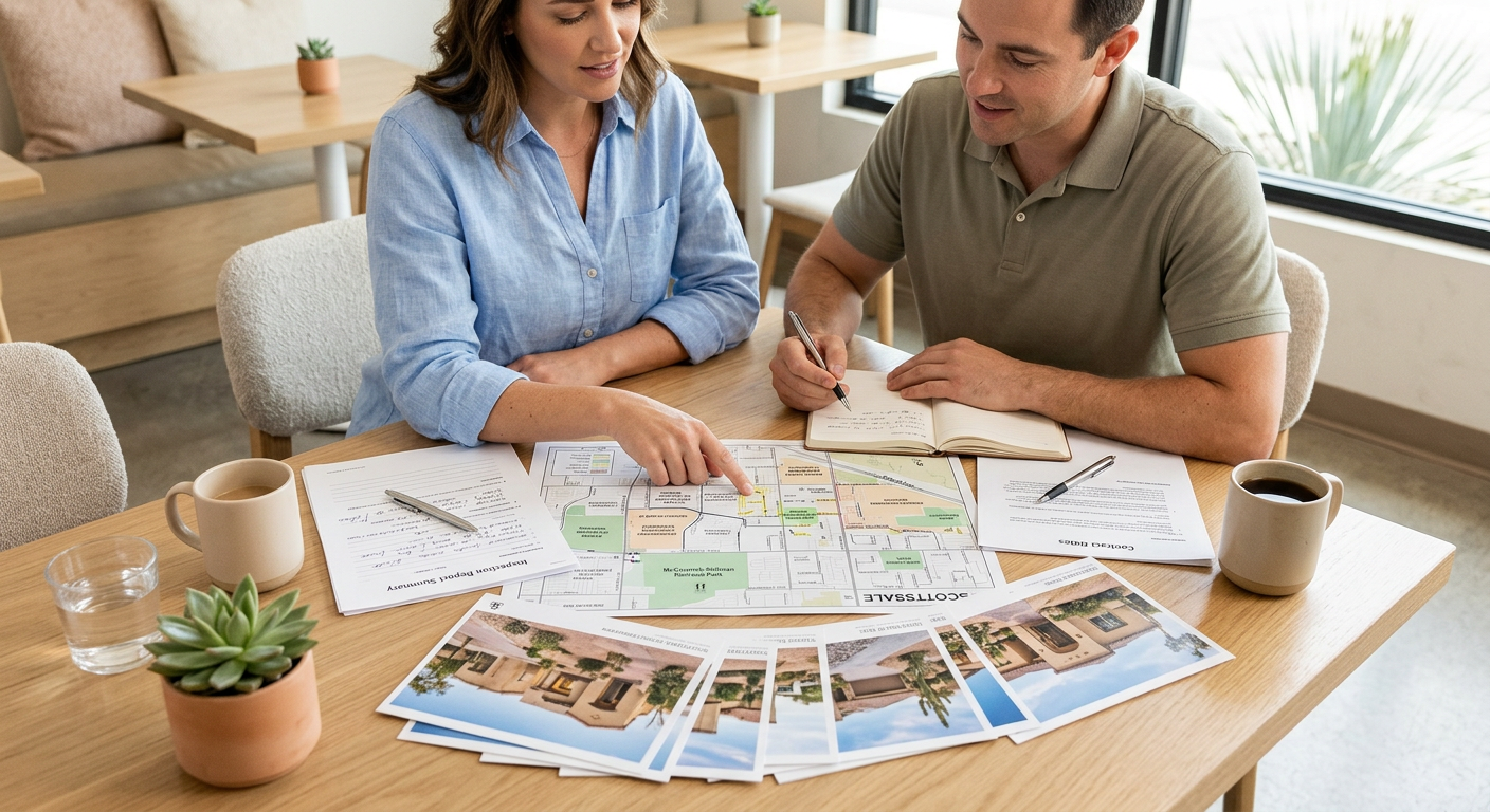 Photorealistic overhead view of a Scottsdale homebuyer and buyer’s agent reviewing a neighborhood map, inspection notes, a...