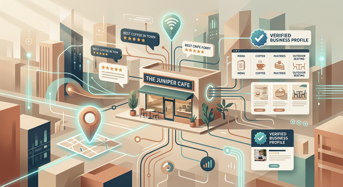 Modern illustrative scene showing a local business represented by connected signals, including a storefront, customer revi...