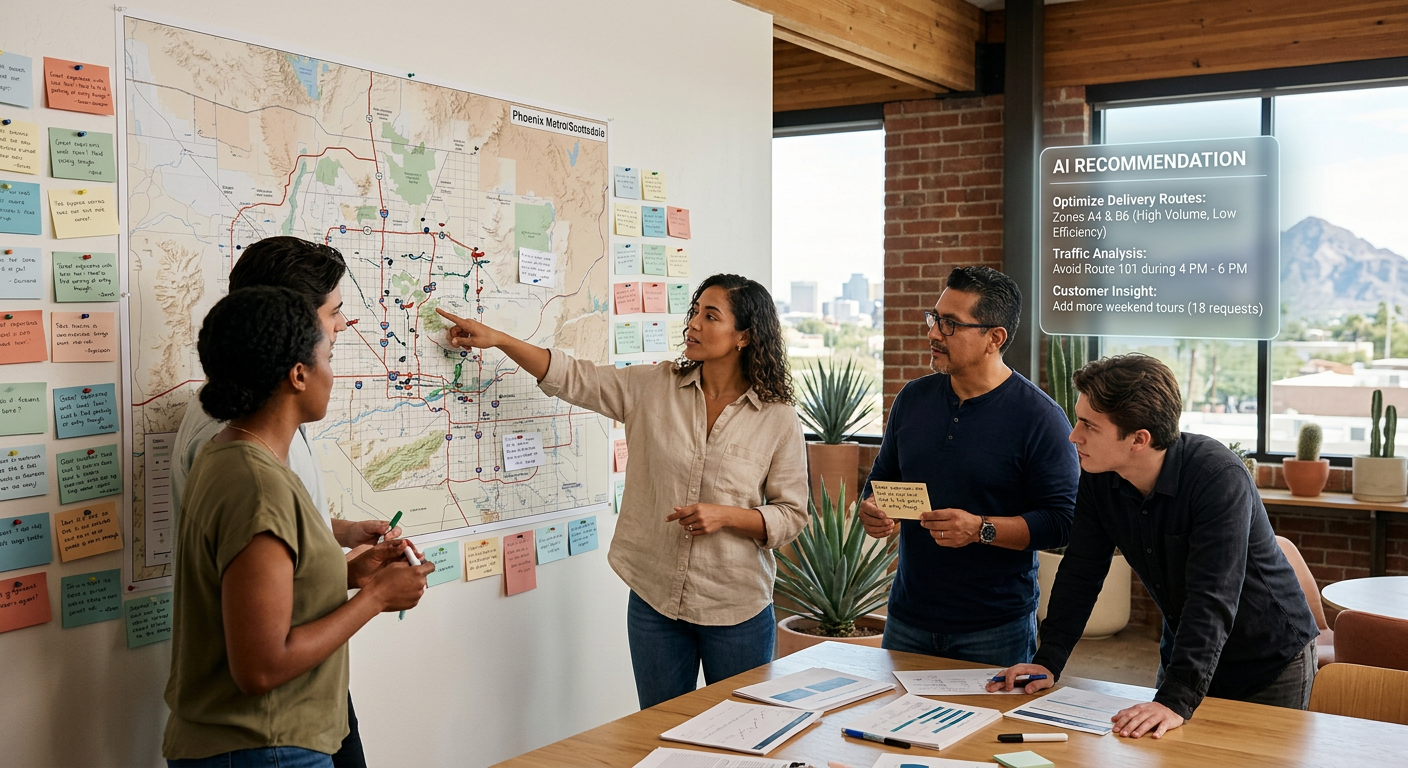 Photorealistic close-up of a small business team reviewing a wall-sized map and customer feedback cards, with a subtle AI ...