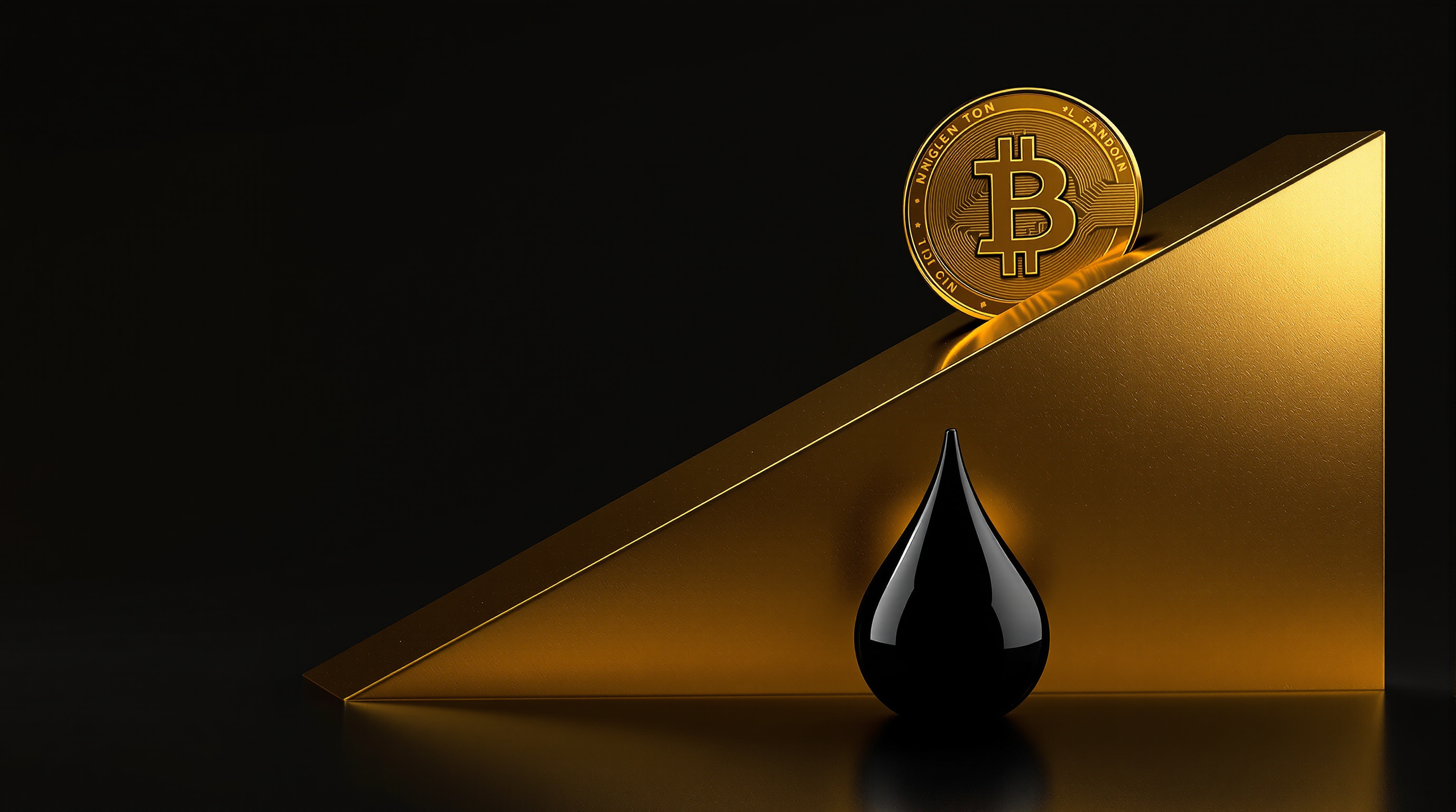 a sculptural polished gold disc rising on a minimal gold rail with a solitary black/obsidian oil droplet positioned lower in the frame — editorial cover artwork for the Knightron story on Bitcoin ETFs Draw $471M In Strongest Inflow Since February A