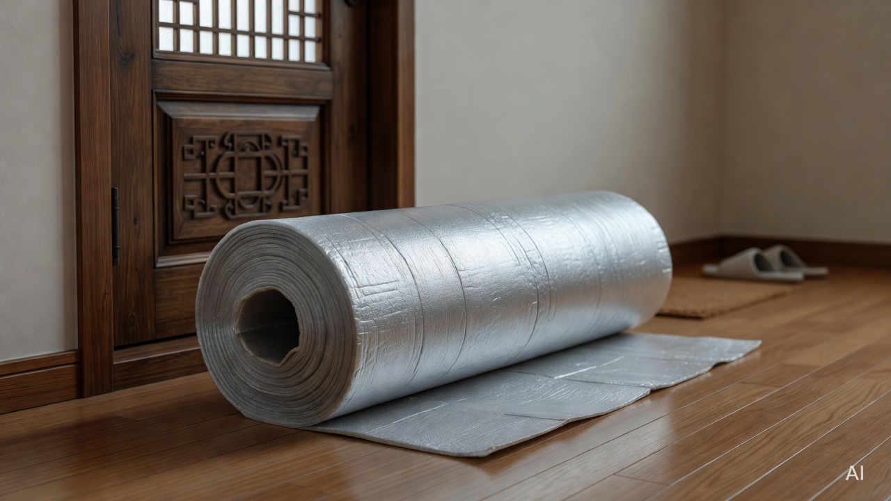 roll of silver PE foam insulation sheet on wooden floor next to a front door