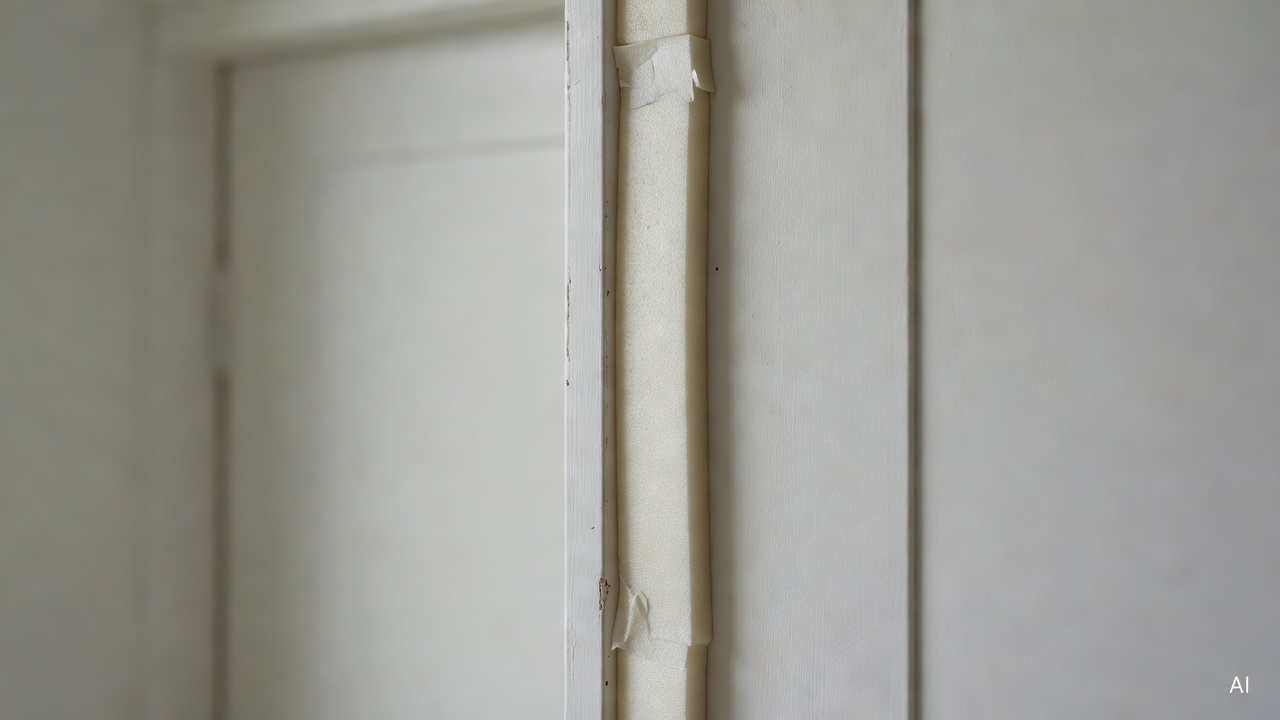 close-up of insulation foam tape applied to apartment front door frame, white background wall