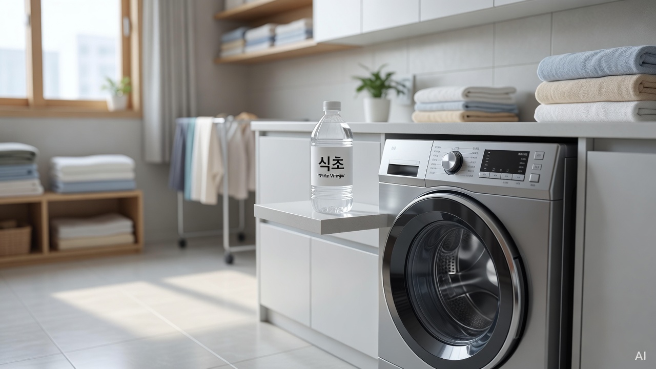white vinegar bottle placed next to a drum washing machine in a clean laundry room