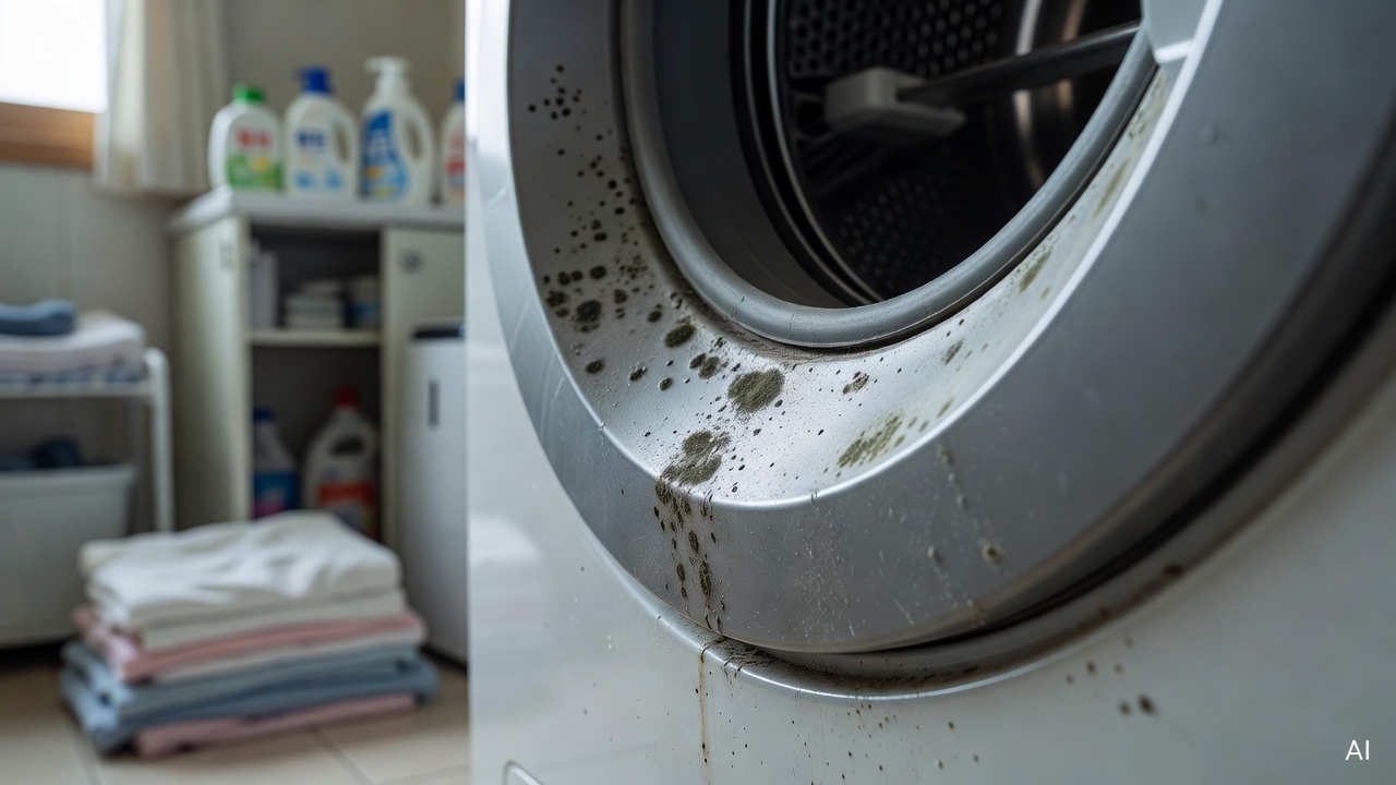 close-up of a drum washing machine rubber door gasket with visible dark mold spots, laundry room background